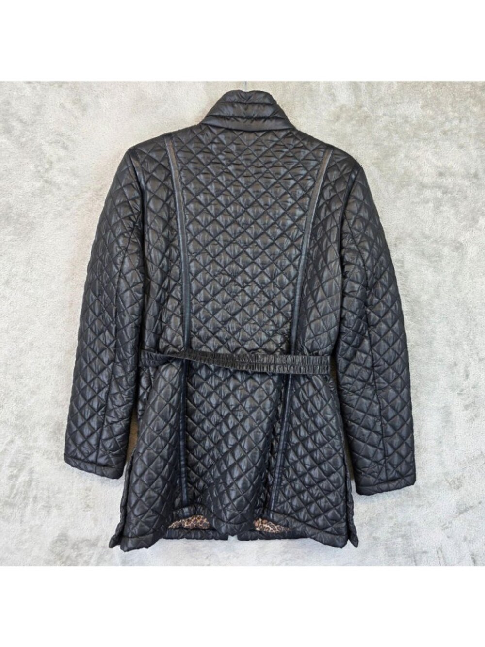 Via Spiga Coat Womens Small Black Quilted Belted Zip Leopard Lining Mid Length - Picture 2 of 12